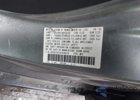 2005 Honda Cr-V Lx z USA, uszkodzony, nr VIN JHLRD78535C048878